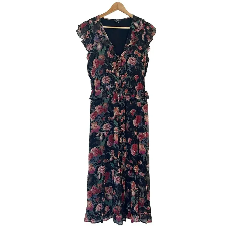 Paige Paradis 100% Silk Ruffle Floral Midi Dress M Dark Romantic Wedding Guest - Picture 2 of 13